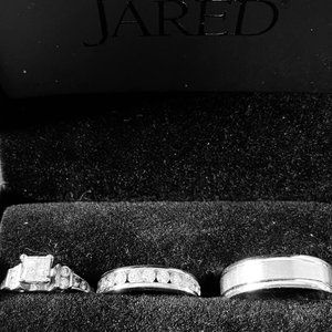 Bridal Ring Set-Princess Cut Engagement Ring-Anniversary Band-Men's Wedding Band